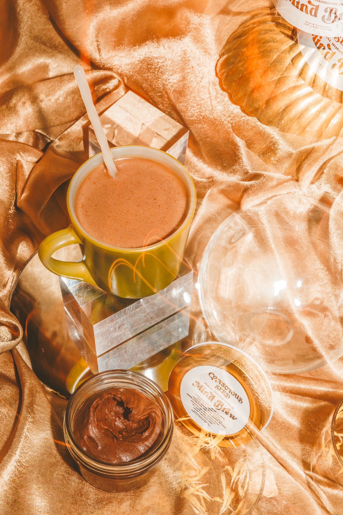 Conscious Seed Mind Brew prepared as an herbal latte with adaptogens and nootropics for stress and cortisol balance.