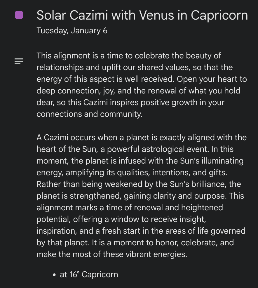 Text entry detailing a Solar Cazimi with Venus in Capricorn astrological event from our Digital Astrology Calendar