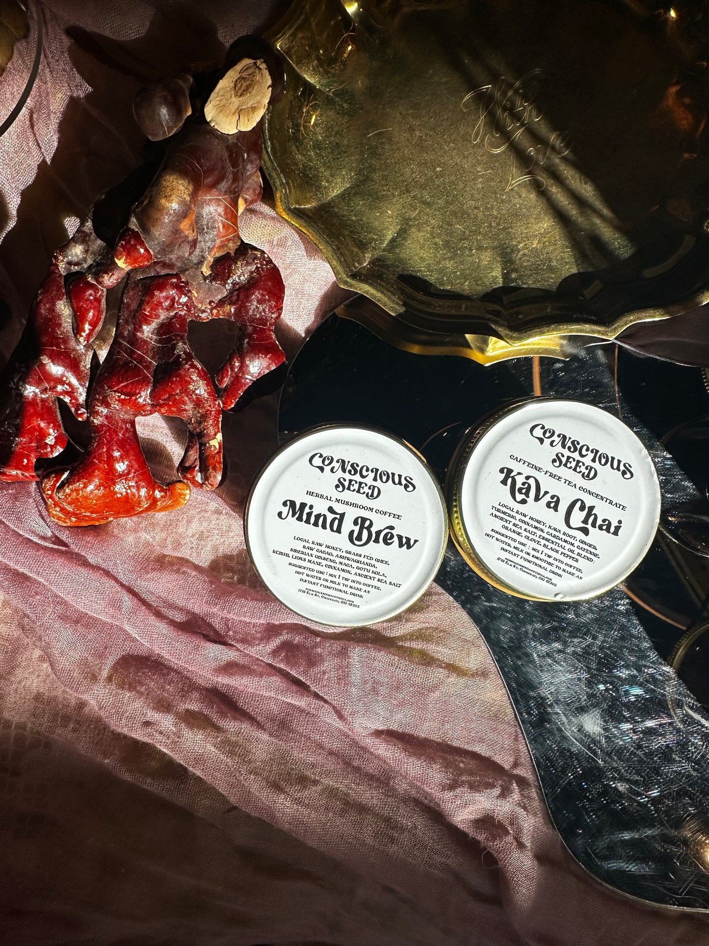 Two jars labeled 'Conscious Seed' on a fabrics with a vintage brass plate, mirror and cultivated Reishi mushroom.