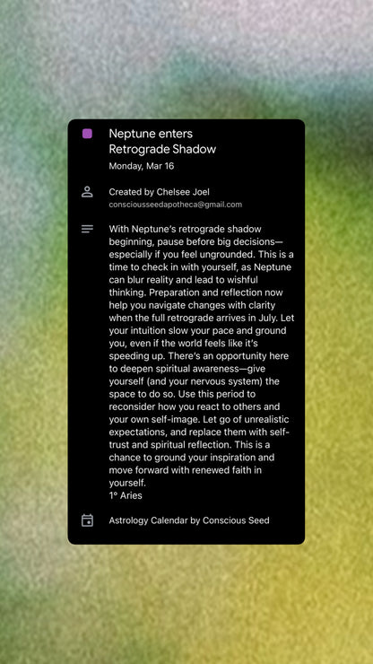 Astrology calendar entry for Neptune Retrograde with reading on a cute textured green background