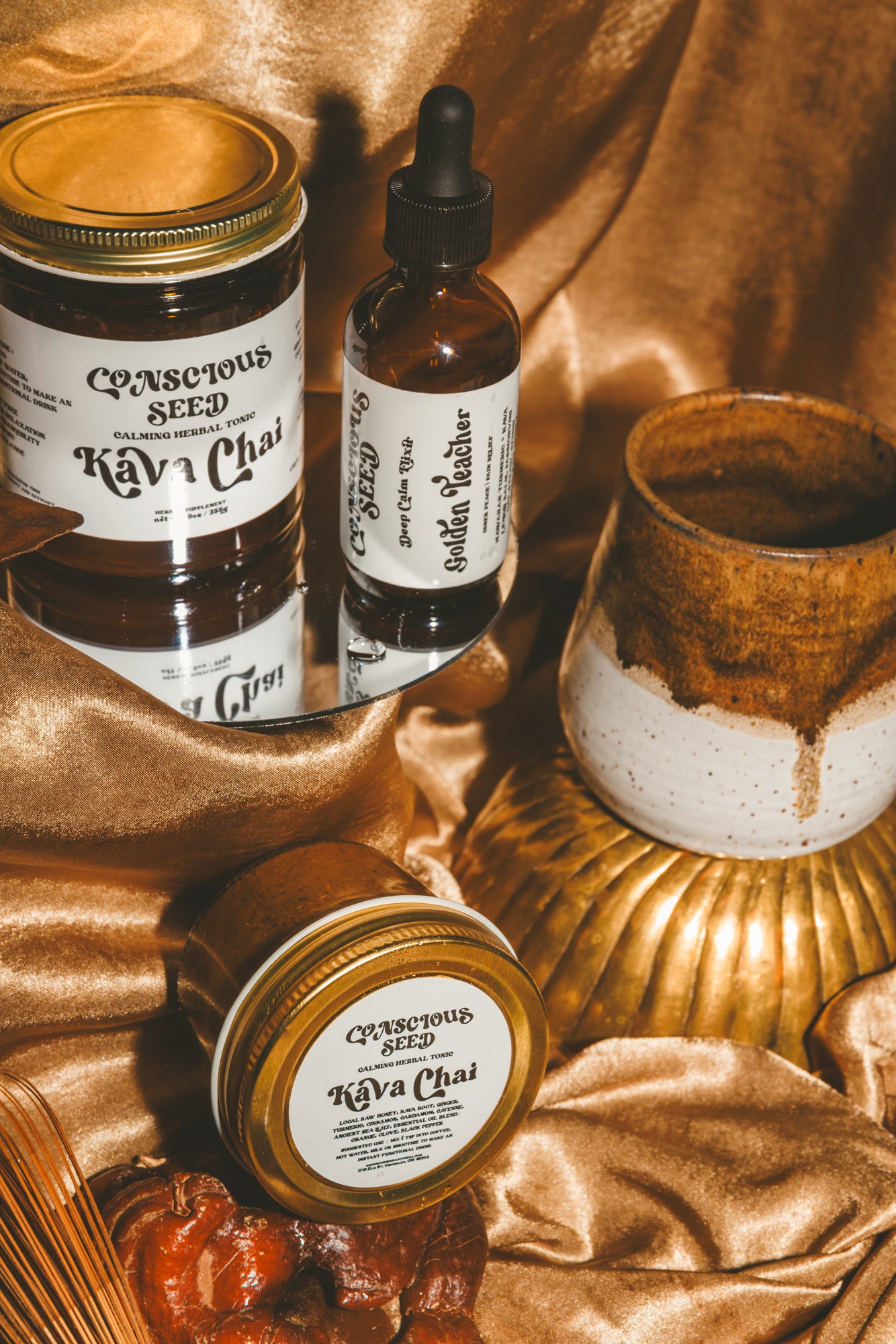 Herbal remedies from Conscious Seed featuring Kava Root that is ethically sourced and calming to the mind and muscles