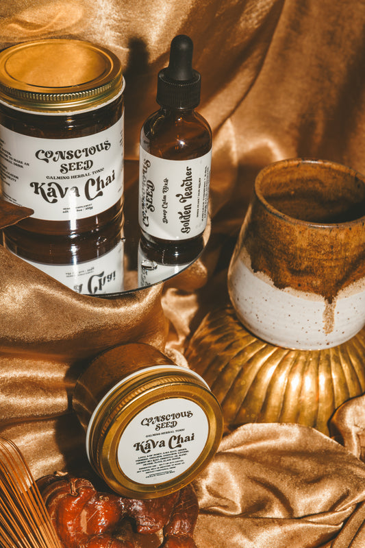 Herbal remedies from Conscious Seed featuring Kava Root that is ethically sourced and calming to the mind and muscles