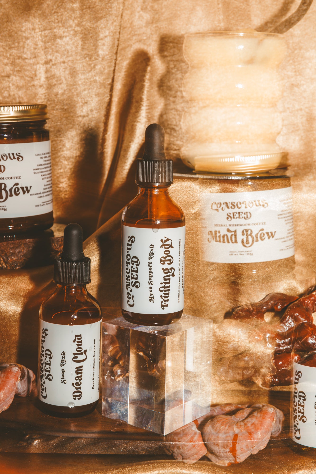 A selection of herbal remedy bottles and containers, with Dream Cloud Elixir, a deep sleep elixir with nervines and herbs that give restorative sleep.