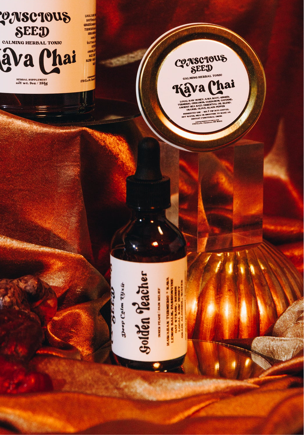 A bottle of Golden Teacher Elixir and its sister product Kava Chai