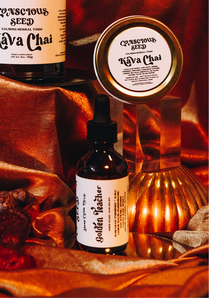 A bottle of Golden Teacher Elixir and its sister product Kava Chai