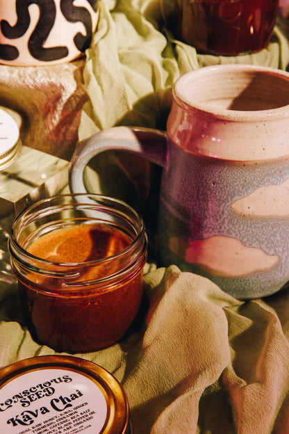 Thick golden herbal concentrate featuring kava root, turmeric, and warming chai spices.