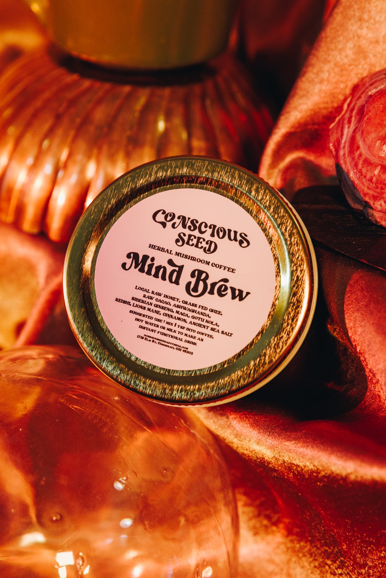 Conscious Seed Mind Brew — creamy adaptogenic cacao blend with functional mushrooms and herbs for balanced energy