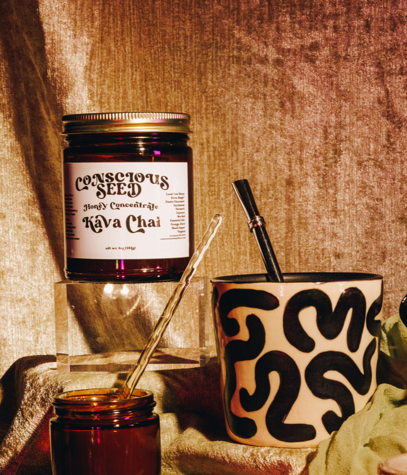 Conscious Seed Kava Chai concentrate with kava root, turmeric, ginger, and warming spices for relaxation and calm focus.
