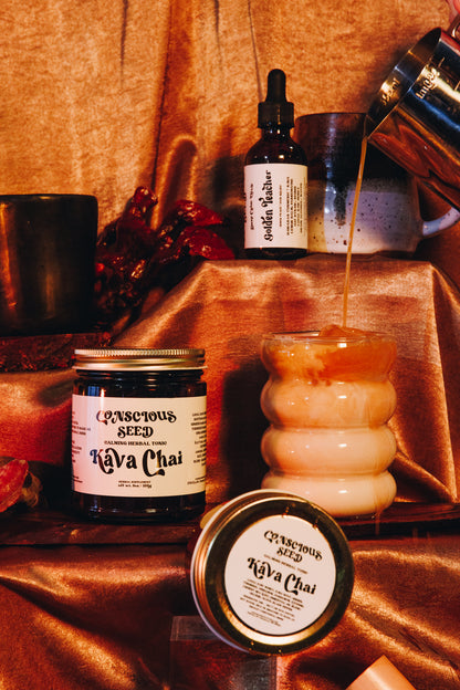 Kava Chai herbal concentrate rich in turmeric, ginger, cinnamon, and ethically grown kava root.