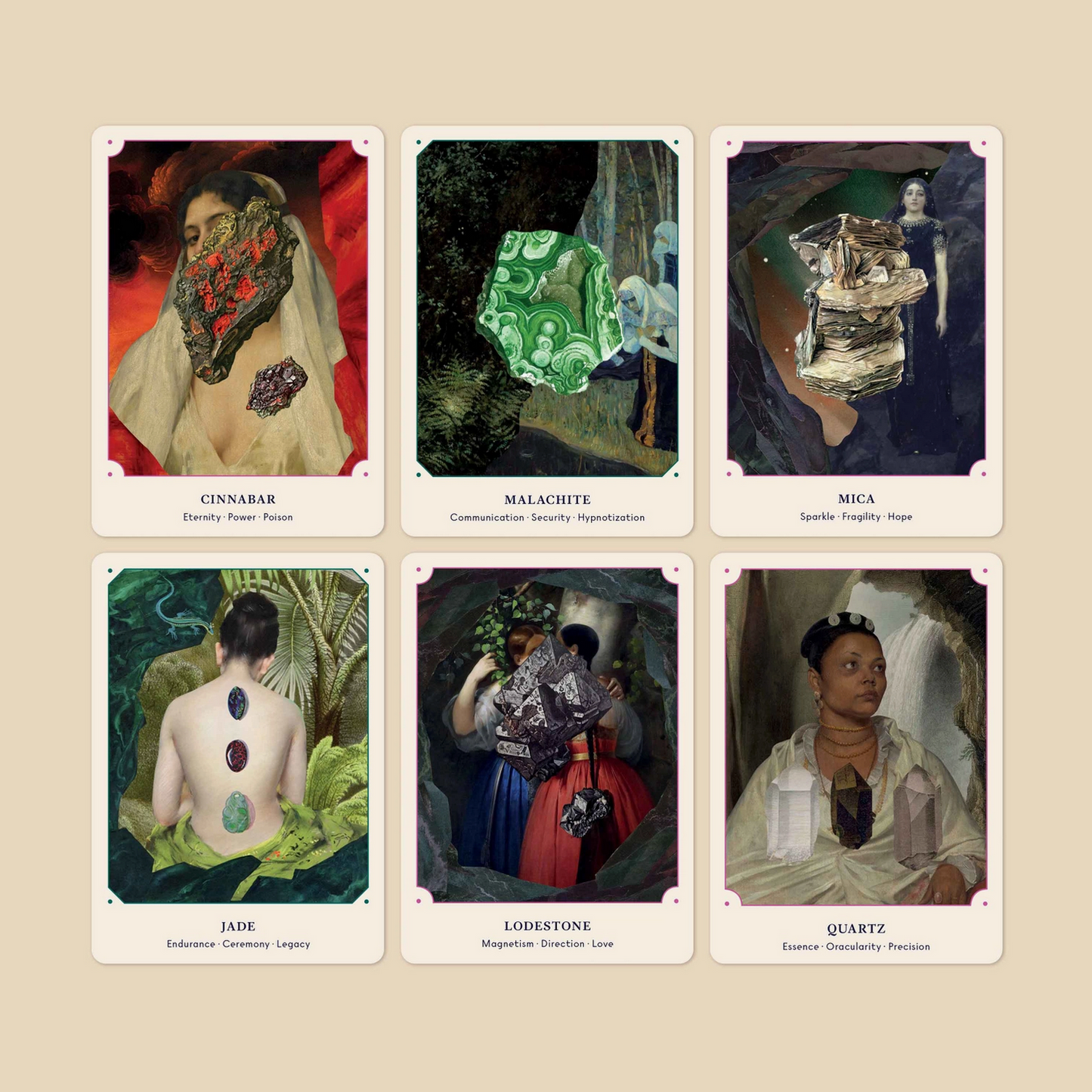 display of some of the cards from this illustrated oracle deck for the crystal lover