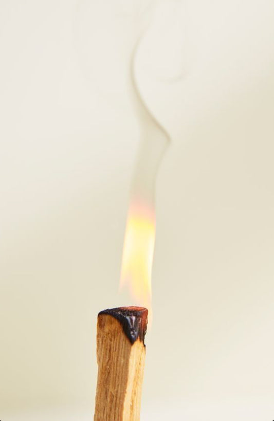 Palo Santo with a lit end and smoke to bring a natural sent into the home