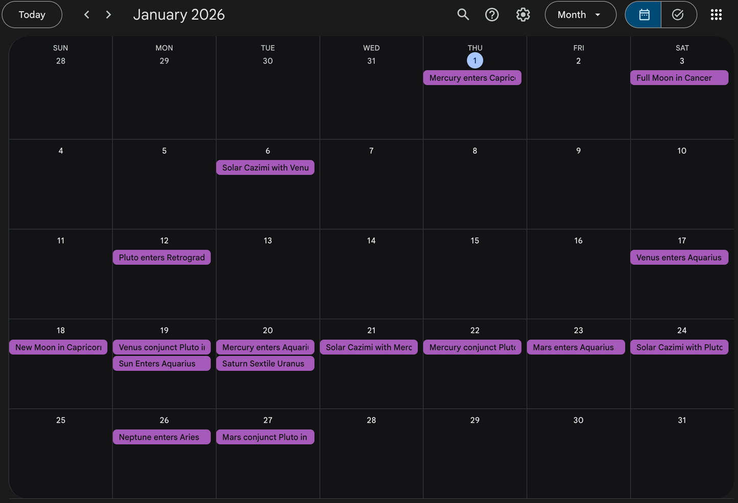 Calendar for January 2026 with celestial event labels on a dark background