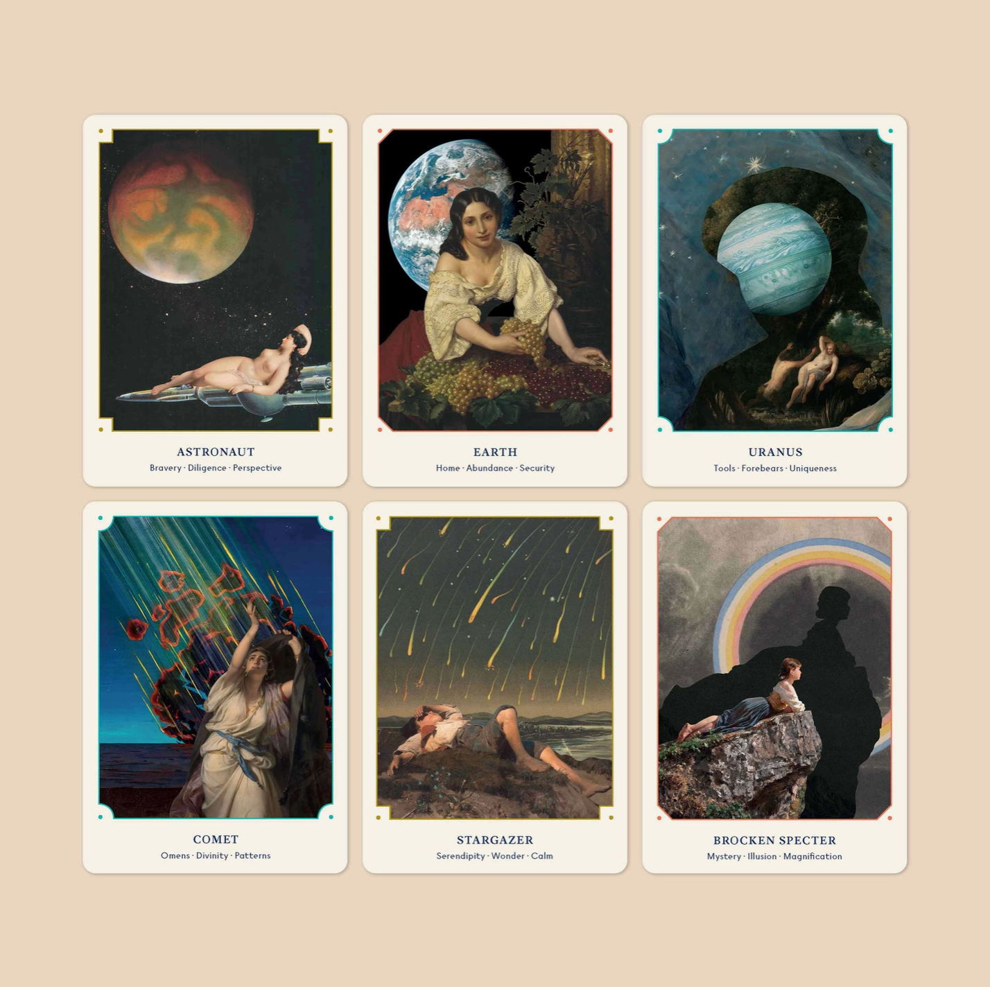 Set of six oracle cards with celestial and mythological themes displaying some of the images on the cards. 