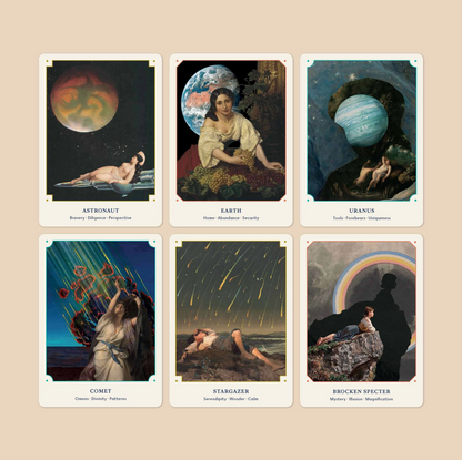 Set of six oracle cards with celestial and mythological themes displaying some of the images on the cards. 
